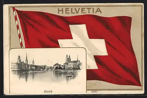 Passepartout-Lithographie Zürich, Stadtpanorama, Flagge der Schweiz
