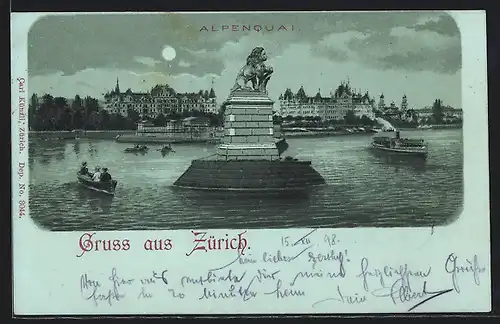 Mondschein-Lithographie Zürich, Dampfer und Ruderboote am Alpenquai