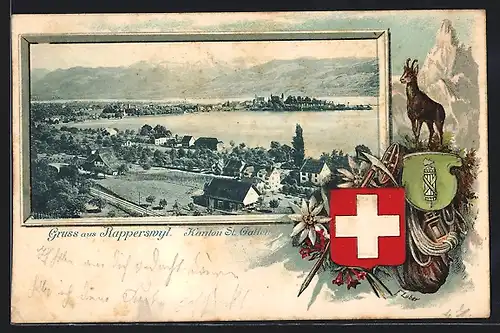Passepartout-Lithographie Rapperswil, Gesamtansicht mit Umgebung, Wappen mit Kletterausrüstung und Bergziege