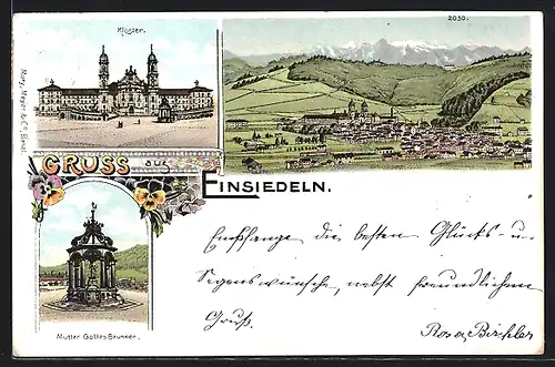 Lithographie Einsiedeln, Kloster, Mutter Gottes Brunnen, Blick zum Ort