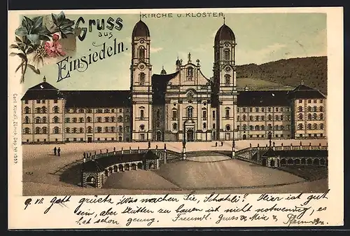 Lithographie Einsiedeln, Kirche und Kloster, Blumen