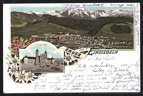 Lithographie Einsiedeln, Totalansicht, Kloster