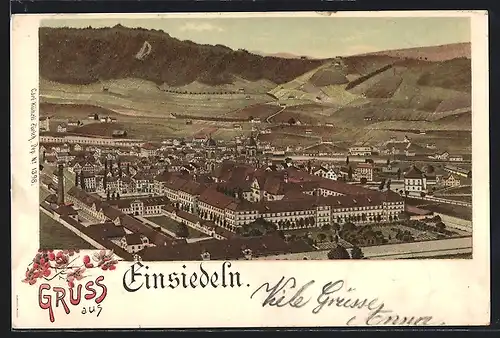 Lithographie Einsiedeln, Ortsansicht aus der Vogelschau