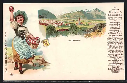 Lithographie Altdorf, Ortsansicht, Junge Frau mit Schweizerpillen von Rich. Brandt, Reklame