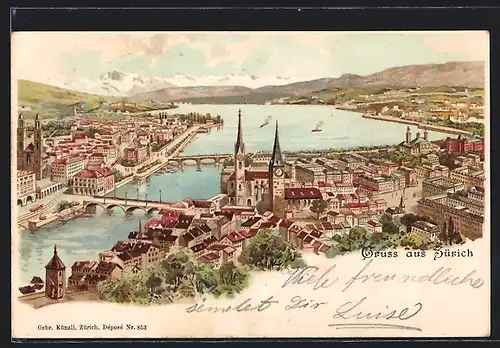 AK Zürich, Ortsansicht aus der Vogelschau