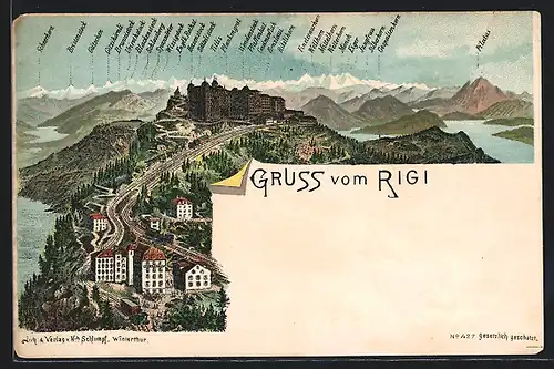 Lithographie Rigi-Kulm, Ortspanorama mit Gebirgskette