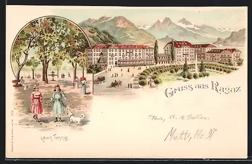 Lithographie Luzern, Grand Hotel Hof Ragatz, Lawn Tennis