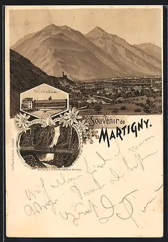 Lithographie Martigny, Pont sur la Dranse, les gorges du Durnand, vue générale