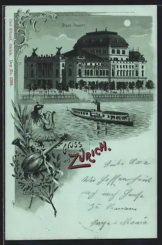 Mondschein-Lithographie Zürich, Dampfer vor dem Stadt-Theater