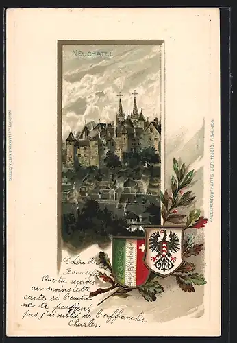 Lithographie Neuchâtel, Ortsansicht mit Wappen