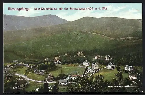 AK Ober-Krummhübel /Riesengebirge, Ortspartie mit der Schneekoppe