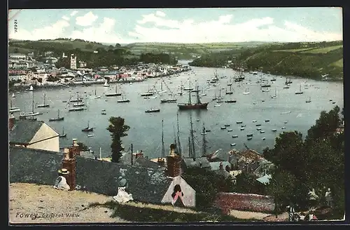 AK Fowey, Ortsansicht von Polruan auf Bucht, Häuser und Segelschiffe