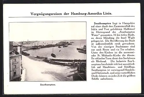 AK Southampton, Blick auf den Hafen, Reklame der Hamburg-Amerika Linie