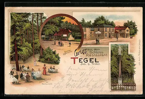 Lithographie Berlin-Tegel, Schloss Restaurant mit Garten und Familien-Kaffeeküche