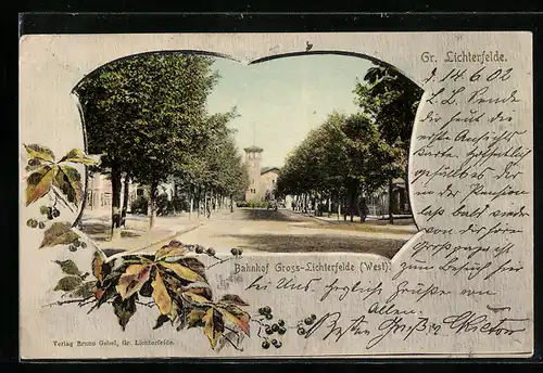 Passepartout-AK Berlin-Gross-Lichterfelde, Strassenpartie mit Blick auf den Bahnhof, Beerenzweig