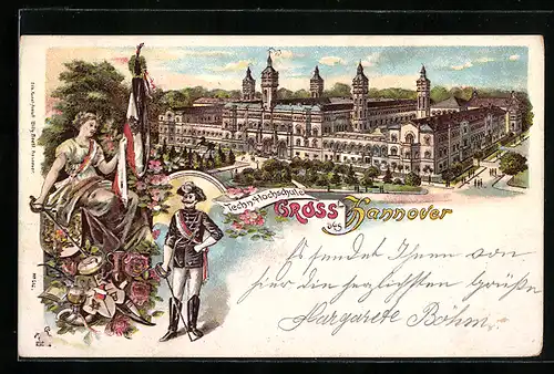 Lithographie Hannover, Techn. Hochschule, Student in vollem Wichs, Wappen