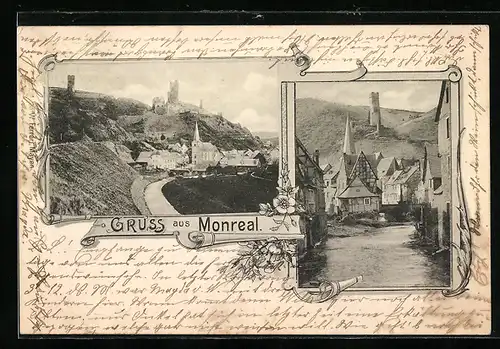 AK Monreal, Ortsansicht mit Ruine, Flusspartie mit Turm