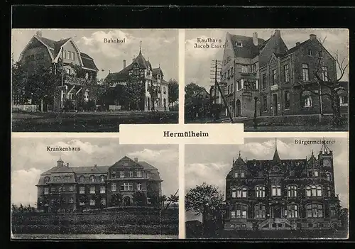 AK Hermülheim, Bahnhof, Krankenhaus, Kaufhaus Jacob Esser