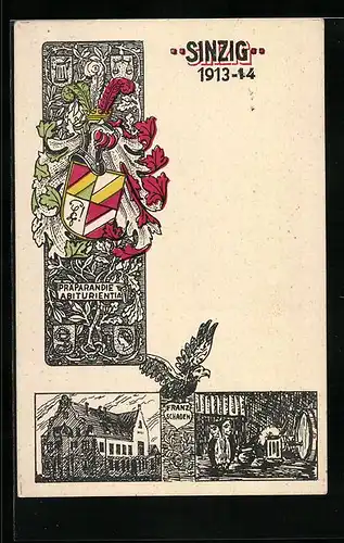 Künstler-AK Sinzig, Gasthaus, Fass mit Bierkrug, Präparandie Abiturientia 1913-14, Absolvia