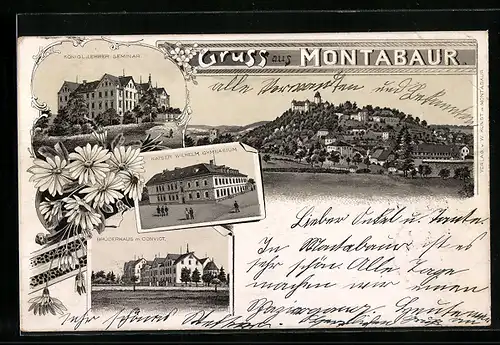 Lithographie Montabaur, Königliches Lehrer-Seminar, Kaiser Wilhelm-Gymnasium, Brüderhaus mit Convict