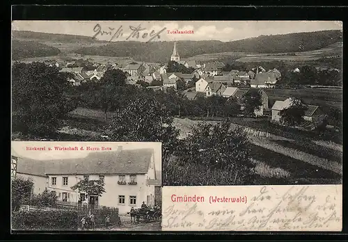 AK Gemünden / Westerwald, Bäckerei u. Gasthaus Betz, Totalansicht