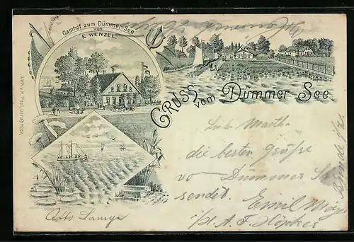 Lithographie Hüde / Damme, Gasthof zum Dümmer-See, Segelboot, Ortspartie