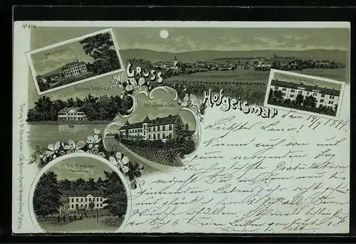 Mondschein-Lithographie Hofgeismar, Schloss Schönburg, Offizier-Casino, Dragoner-Kaserne