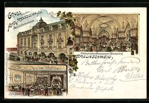 Lithographie Braunschweig, Hotel Preussischer Hof, Innenansichten Altdeutsches Restaurant und Cafe Bauer