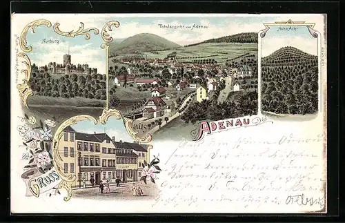 Lithographie Adenau, Strassenpartie mit Hotel zur Krone, Nürburg, Hohe Acht