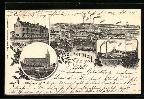 Lithographie Mechernich, Fabrik, Gebäudeansicht, Kirche