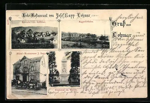 AK Lohmar, Hotel-Restaurant J. Sapp, Denkmal im Walde, Aggerbrücke