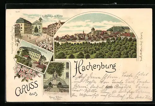 Lithographie Hachenburg, Marktplatz m. ev. Kirche, Schloss Hachenburg, Kaiser Wilhelm Denkmal