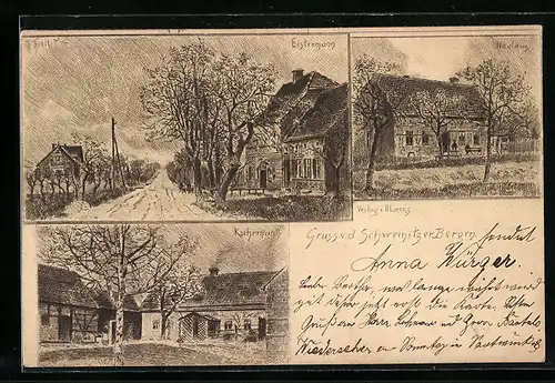 Künstler-AK Schweinitz /Elster, Gehöfte Elstermnn, Kuhrmannn und Nicolaus