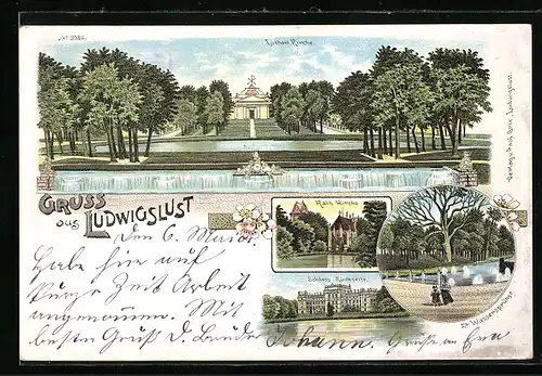 Lithographie Ludwigslust / Meckl., Schloss, Luther-Kirche, Wassersprünge, Schloss Rückseite