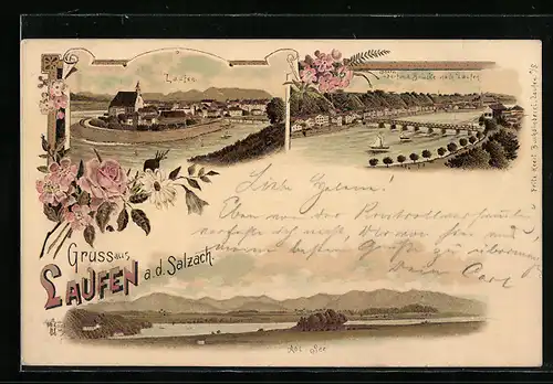 Lithographie Laufen /Salzach, Ortsansicht, Abt-See, Ortsansicht Oberndorf mit Brücke nach Laufen
