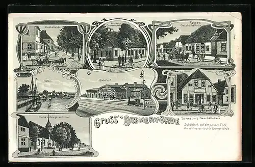 Lithographie Bremervörde, Schmelkes Geschäftshaus, Kirchstrasse, Bahnhof