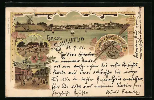 Lithographie Schlutup, Böges Gasthof zum Schwan, Steenhagens Gasthof zur Post, Panorama mit Windmühle