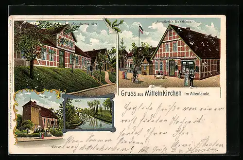 Lithographie Mittelnkirchen /Altes Land, Somfleths Hotel und Gasthaus, Kirche, Lühepartie