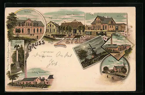 Lithographie Zetel, Hotel Hemken, Meynen`s Weberei, Theilens Mühle