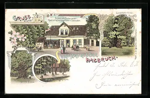 Lithographie Hasbruch, Gasthaus F. Kluhsmeier, Jagdhütte, Dicke Eiche