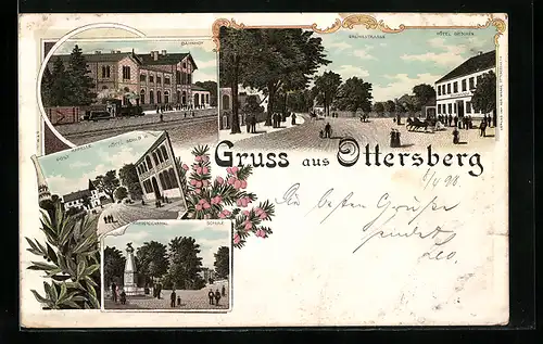 Lithographie Ottersberg / Hannover, Bahnhof, Hotel Gieschen, Schule, Post