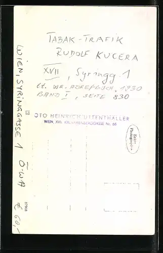 Foto-AK Wien, Tabak-Trafik Rudolf Kucera in der Syringgasse 1