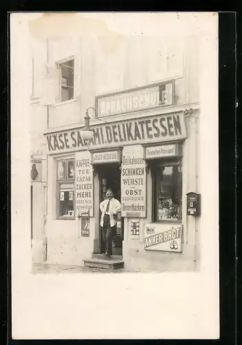 Foto-AK Wien, Delikatessen Josef Heissler, Reklame auf Emailleschildern, Dörnbacher Strasse 37