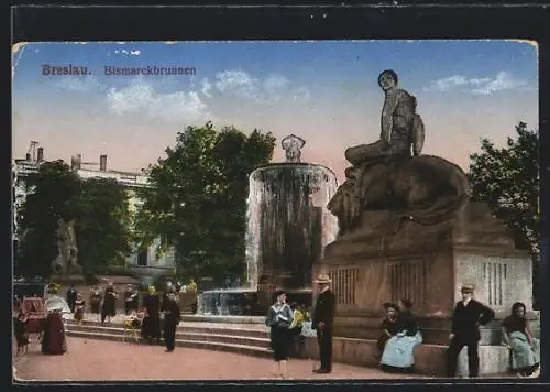AK Breslau, Passanten am Bismarckbrunnen