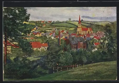 Künstler-AK Eupen, Blick vom Berg auf den Ort