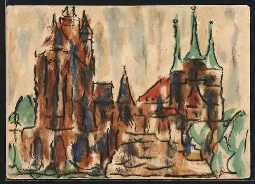 Künstler-AK Erfurt, Dom und Severi-Kirche, Aquarell Christian Rohlfs