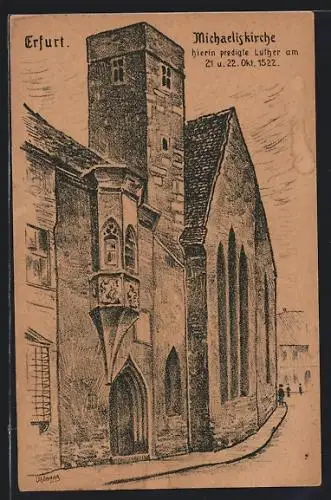 Künstler-AK Erfurt, Michaeliskirche mit Strasse