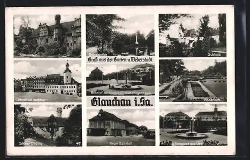 AK Glauchau i. Sa., Blick zum Finanzamt und Überlandwerk, Bahnhof mit Brunnen im Oswald-Seyfert-Park, Neuer Bahnhof