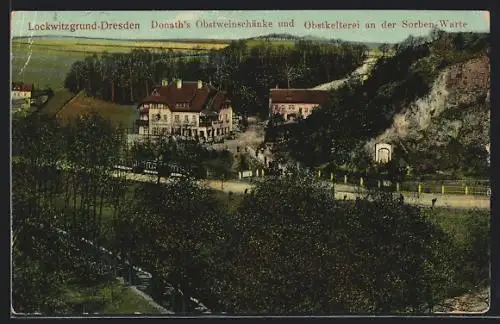 AK Lockwitzgrund-Dresden, Gasthaus Donaths Obstweinschänke mit Strasse aus der Vogelschau