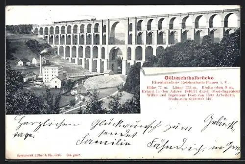 AK Mylau i. V., Göltzschthalbrücke mit Fabrik